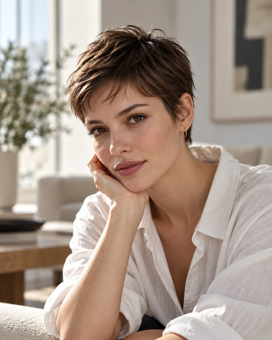 Pixie cut para cabelo fino castanho natural com franja irregular e estilo descomplicado.