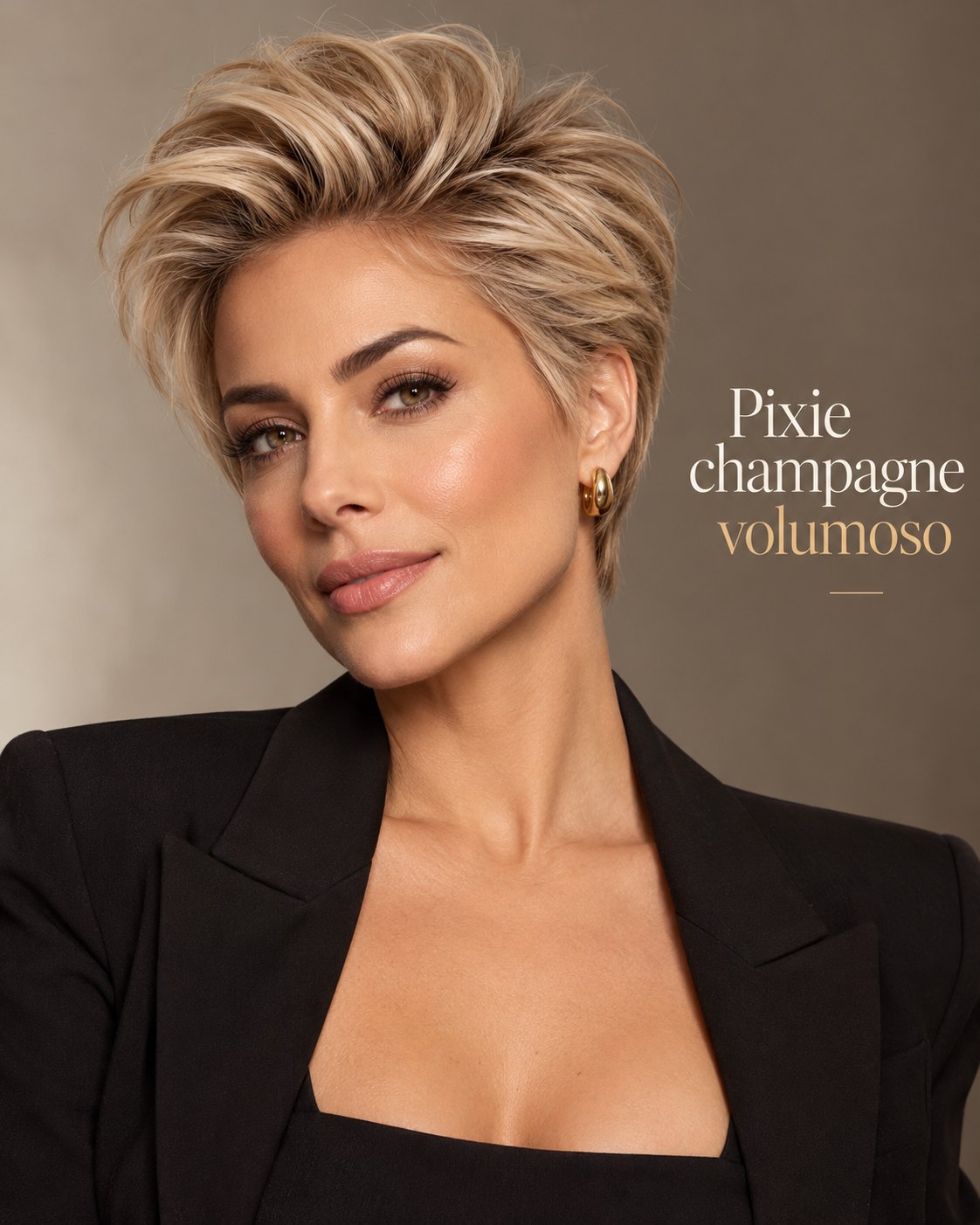 Pixie cut para cabelo fino loiro champagne com topo volumoso e laterais curtas.