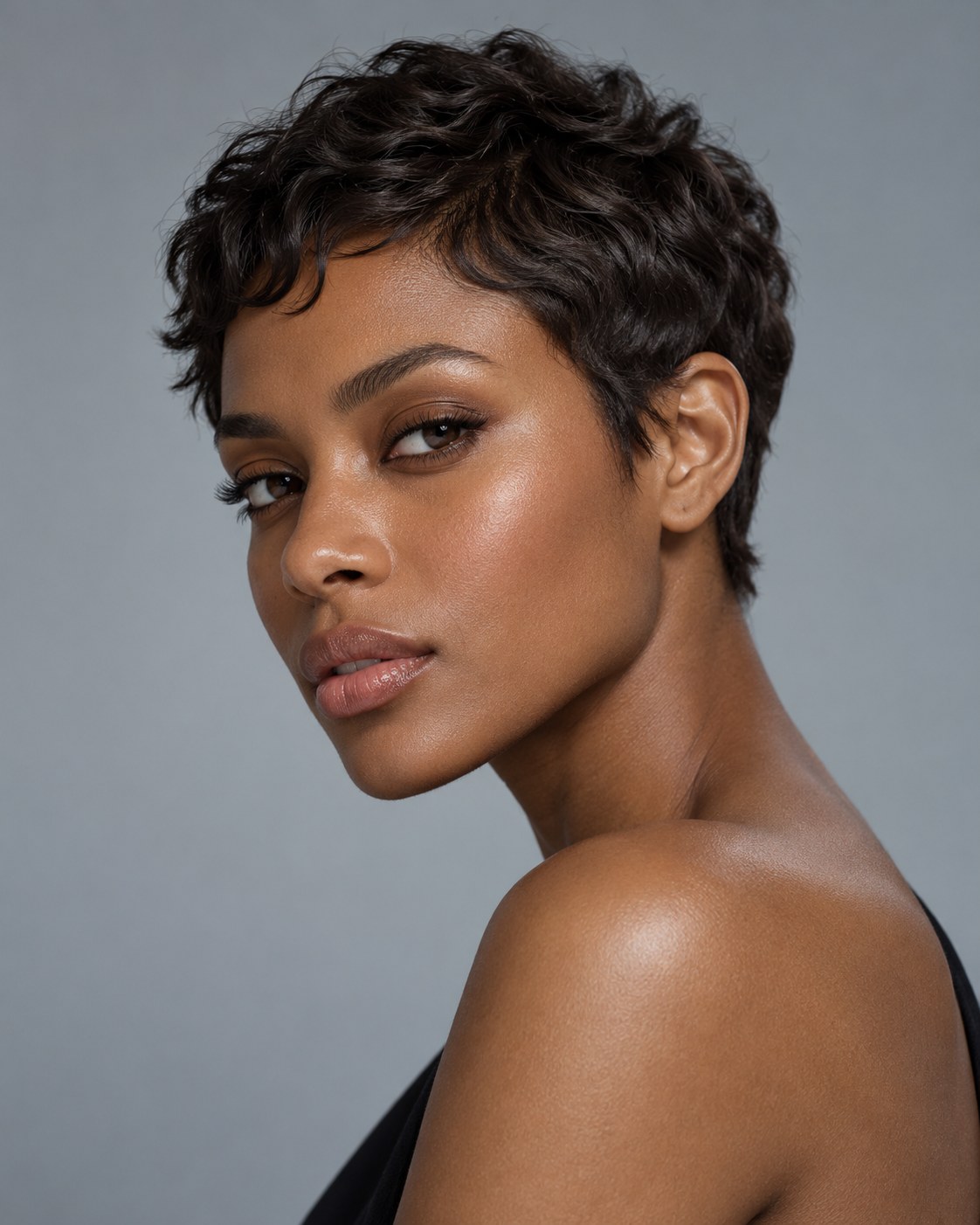Pixie cut para cabelo fino com ondas naturais, topo texturizado e laterais curtas.