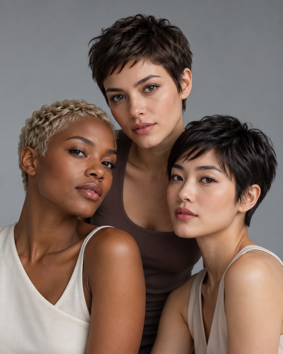 Pixie cut para cabelo fino em três versões de comprimento, textura e tonalidade.