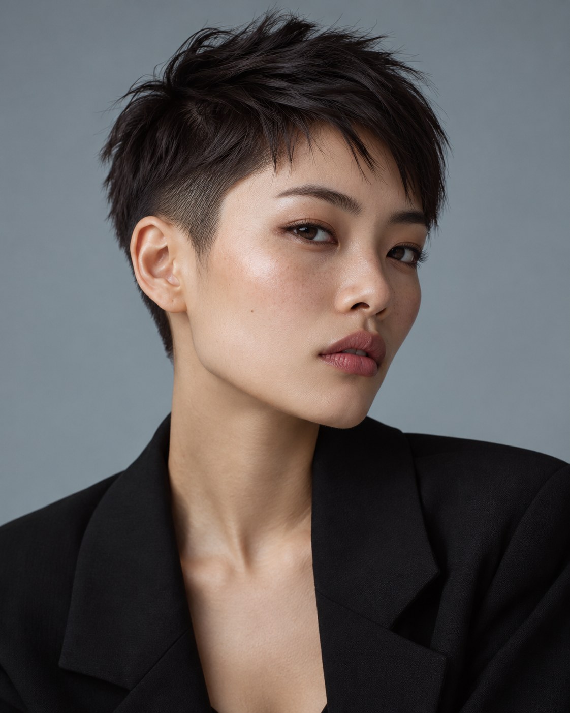 Pixie cut para cabelo fino com laterais curtas e topo alongado em tom escuro.