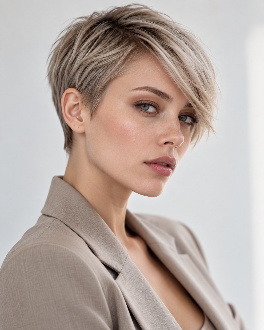 Pixie cut para cabelo fino loiro com franja longa lateral e laterais curtas.