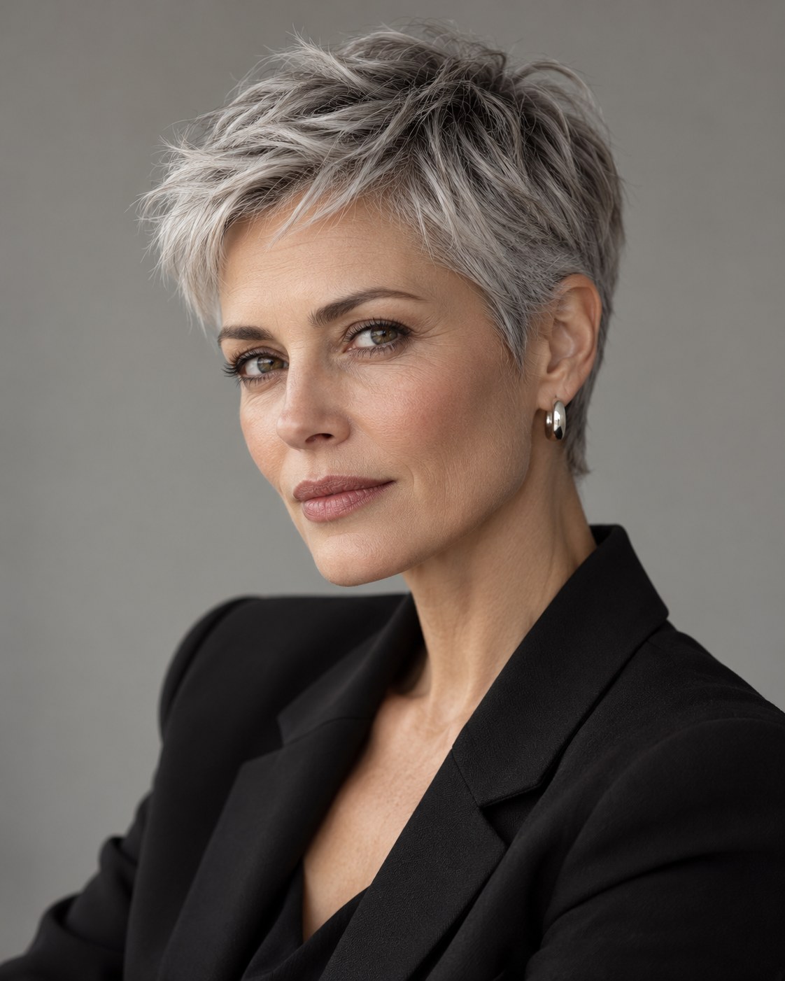Pixie cut para cabelo fino grisalho com camadas curtas e acabamento elegante e maduro.