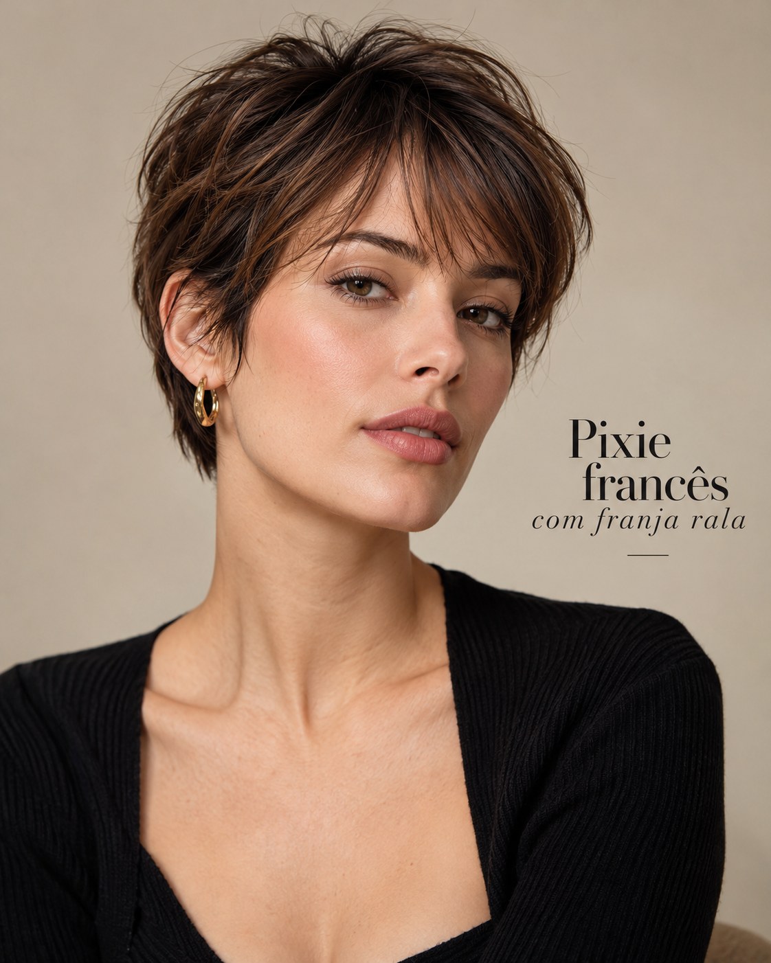 Pixie cut para cabelo fino com franja rala, pontas leves e acabamento francês.