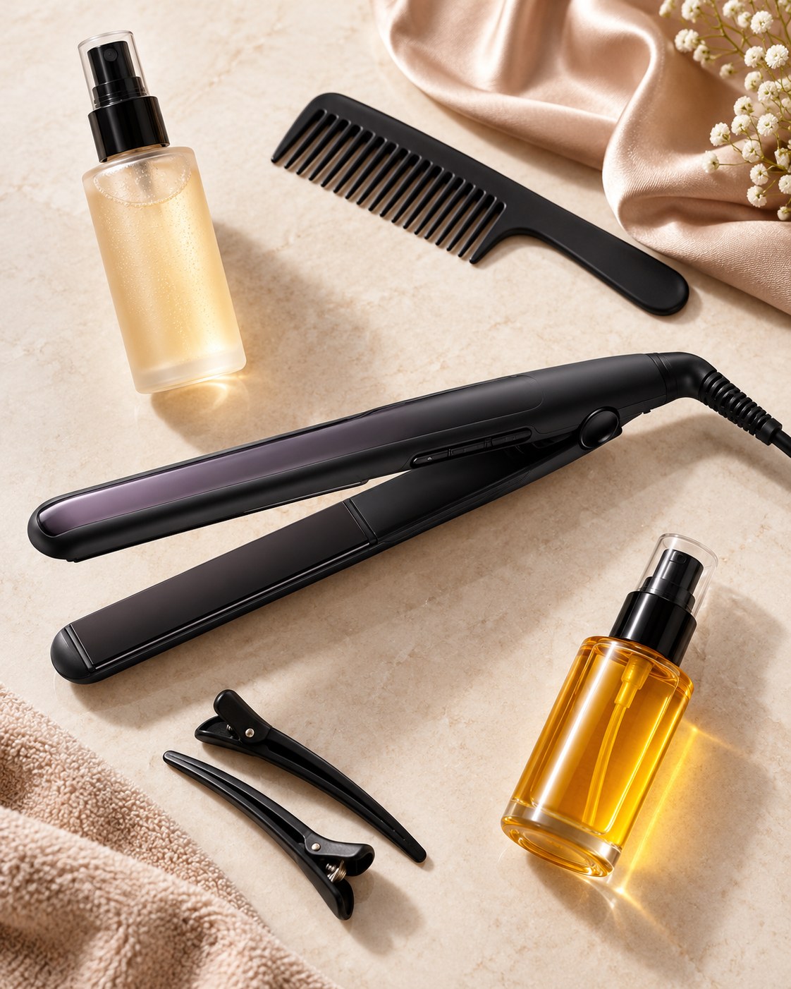 Prancha de cabelo preta com pente, presilhas e produtos para preparar e finalizar os fios