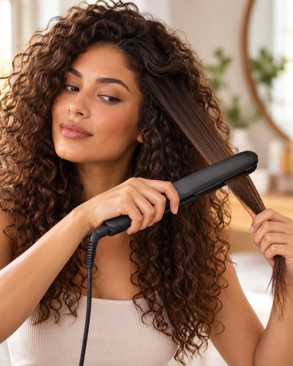 Mulher alisando uma mecha de cabelo cacheado com prancha de cabelo preta