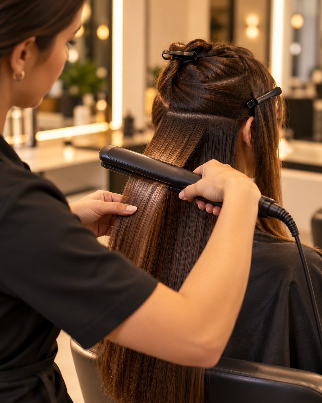 Profissional utilizando prancha de cabelo para alisar mechas separadas em um salão