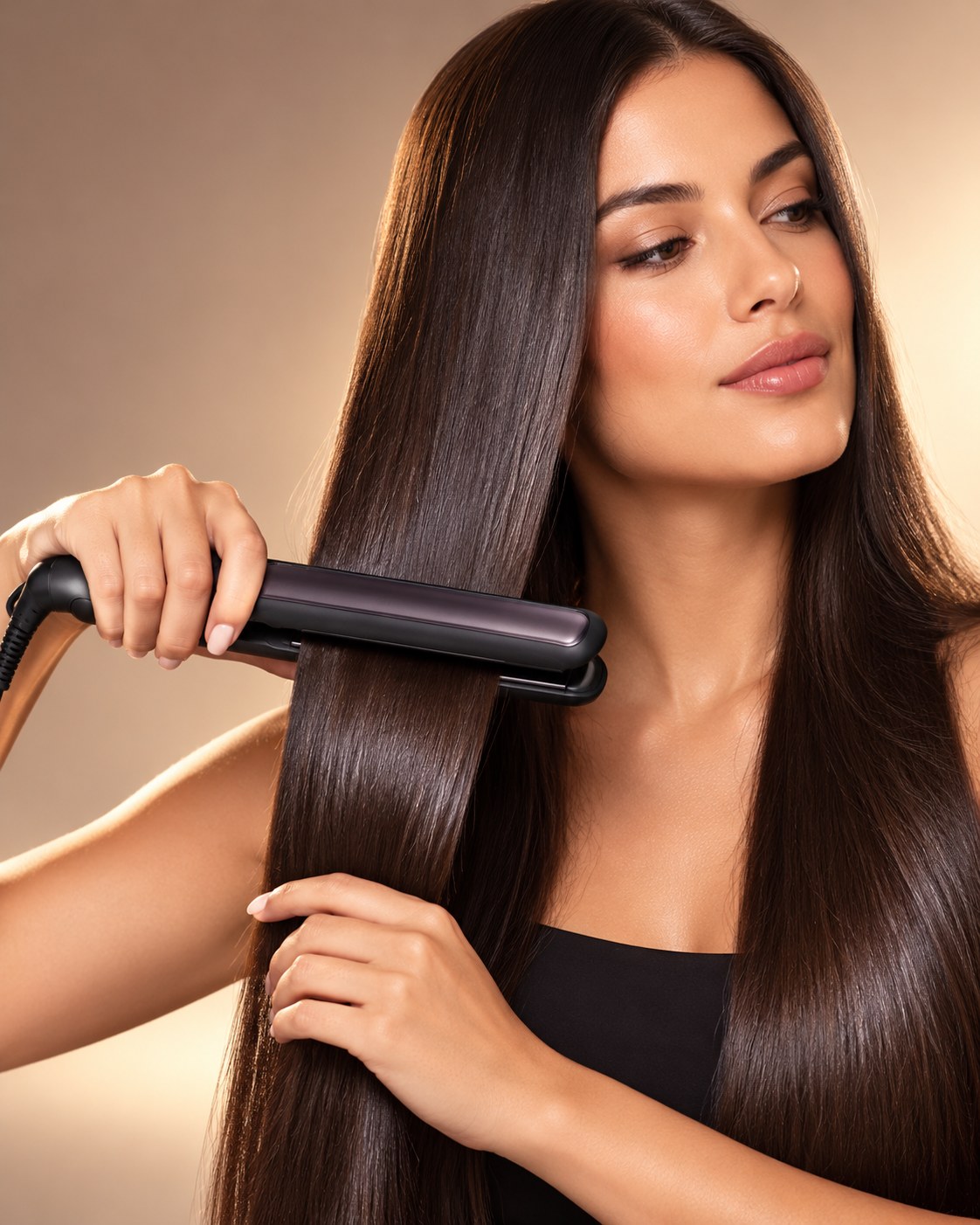 Mulher usando prancha de cabelo para obter um liso polido e alinhado nas pontas