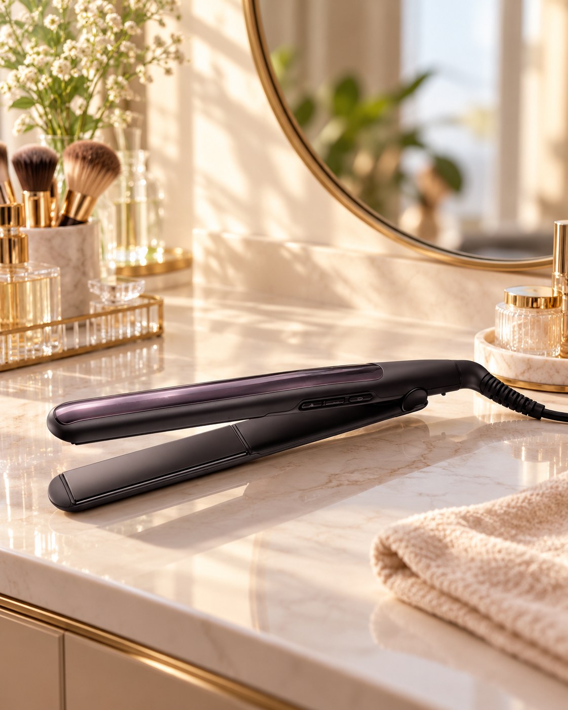 Prancha de cabelo preta com placas lisas para alisar os fios na rotina de beleza em casa