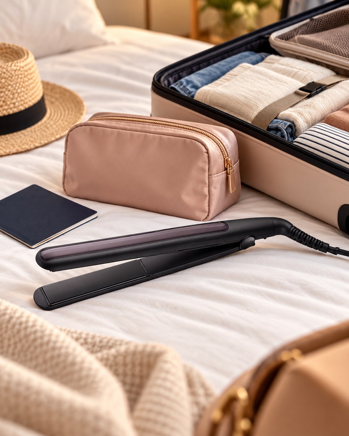 Prancha de cabelo compacta ao lado de nécessaire e mala para cuidados com os fios em viagem