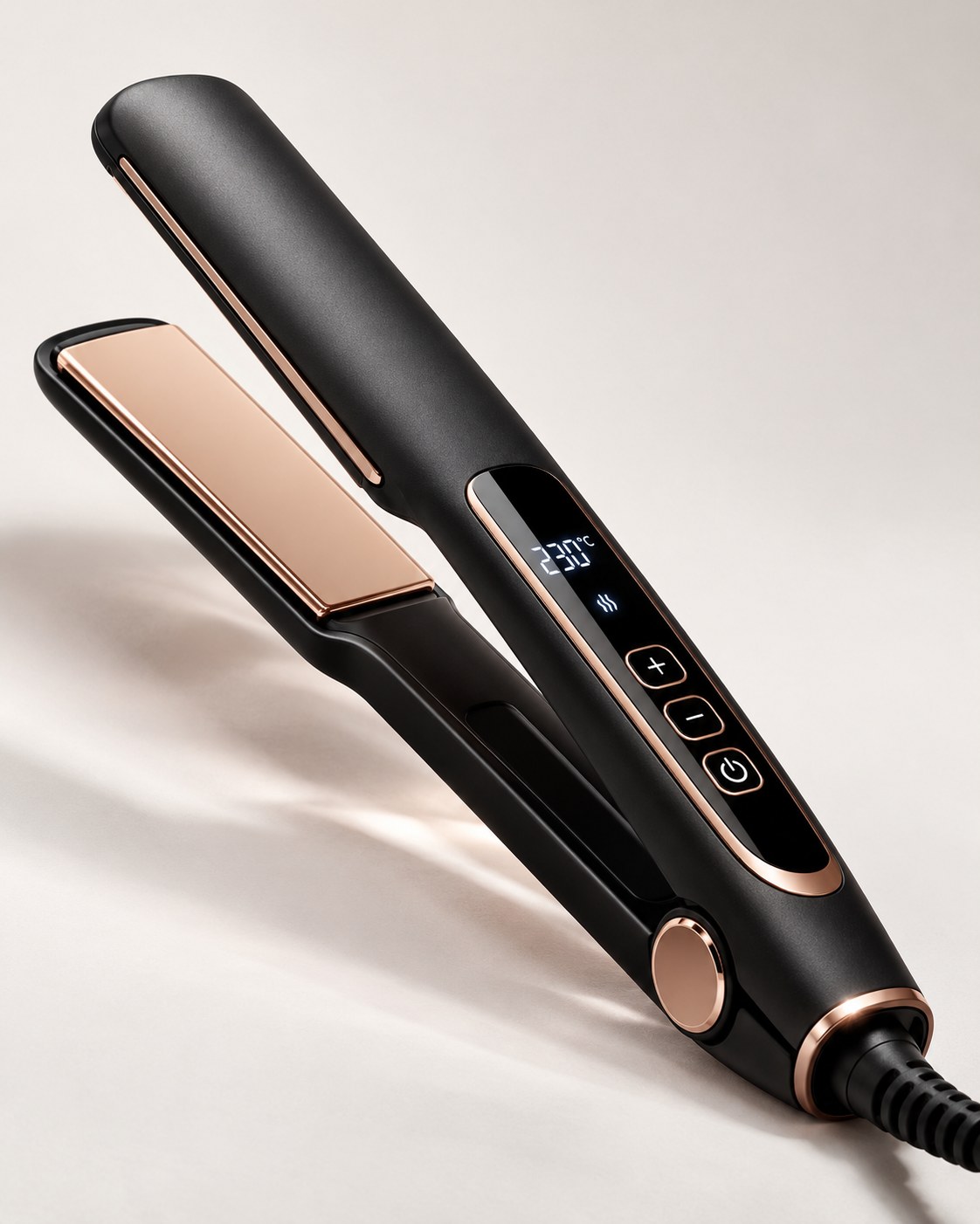 Prancha de cabelo preta com detalhes rosé, visor digital e controle de temperatura ajustável