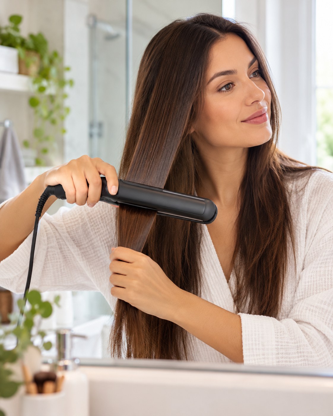 Mulher usando prancha de cabelo preta para alinhar uma mecha de cabelo castanho comprido