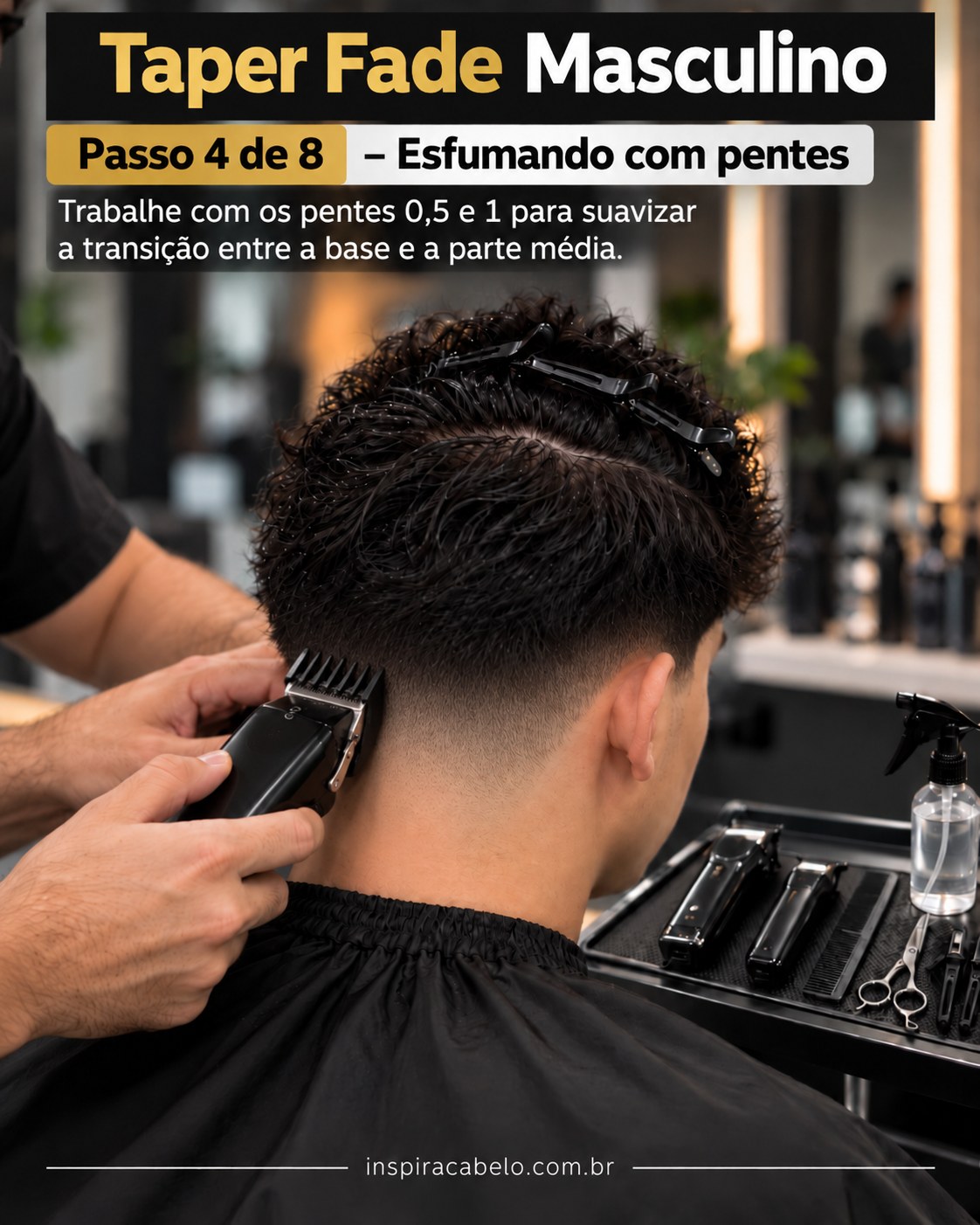 Detalhe do taper fade masculino durante o ajuste da transição para um degradê suave