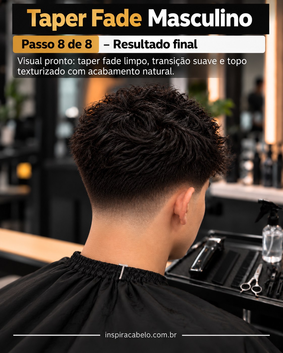 Resultado do taper fade masculino após revisão do contorno e acabamento da nuca
